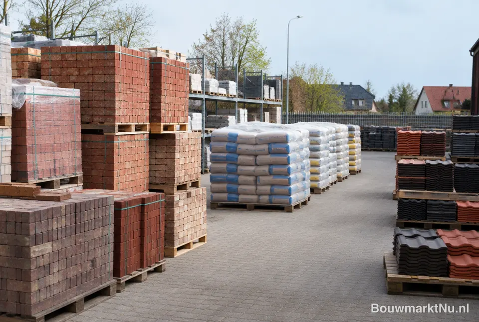 Pallets met stenen en zakken cement buiten bij een bouwhandel