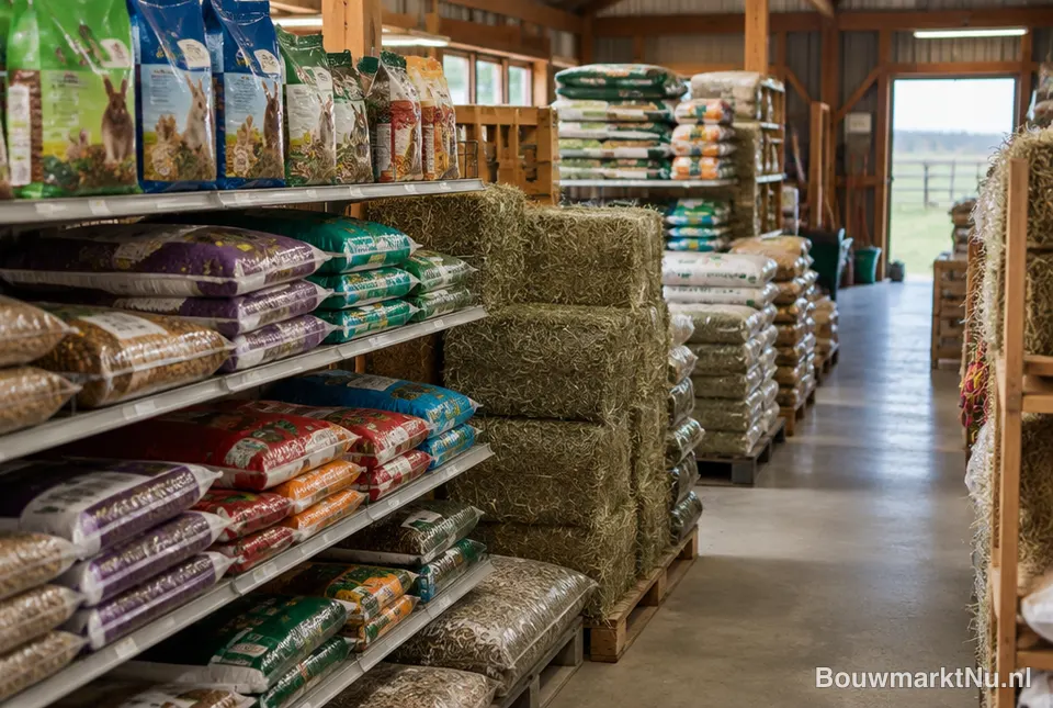 Schappen met dierenvoer in een landelijke winkel