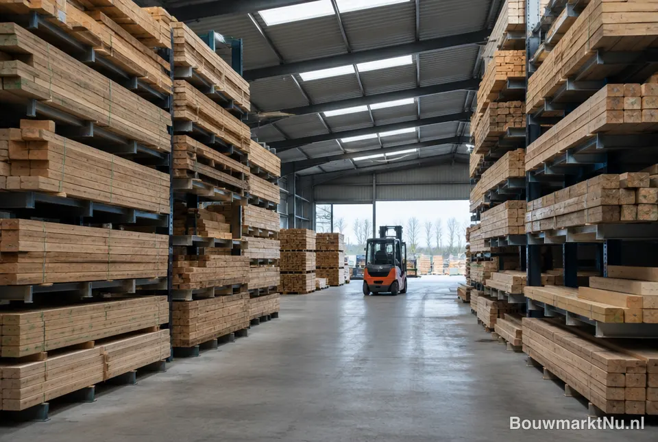 Stellingen met balken en planken in een houthandel